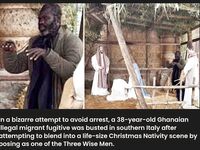 illegal alien tries to hide from police in a Nativity scene