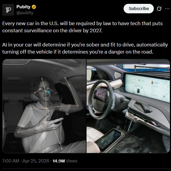 Every new car in the U.S. will be required by law to have tech that puts constant surveillance on the driver by 2027.