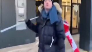 COVIDIOT Snatches a Canadian Flag from a 13 Yr Old, Attacks the Father, SNAPS his Own Ankle