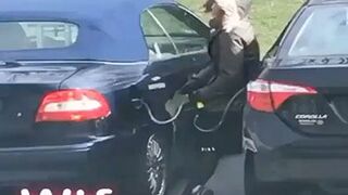 Woman Caught On Camera Stealing Gas From Another Car!