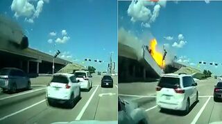 Horrific Moment an 18-Wheeler Drives off an Overpass, Bursting Into Flames.