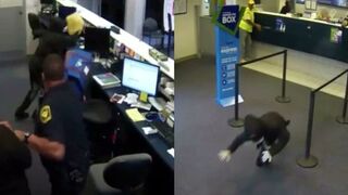 Guy Robbing a Bank Leaps over the Counter Only to be Shot Immediately!