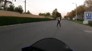 Crazy Karen Attempts to Stop Motorcycle With Her Foot, The Motorcycle Wins