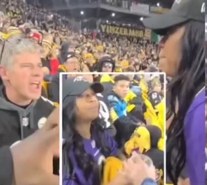 Ravens female fan threw a drink in the face of a Steelers fan in front of his son.
