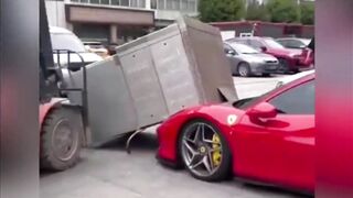 Forklift Driver Accidentally Dropped an Oven Onto The Hood of a Parked Ferrari