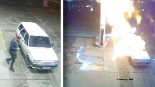 Car Engulfed in Flames After Driver Lights Cigarette at a Gas Station !