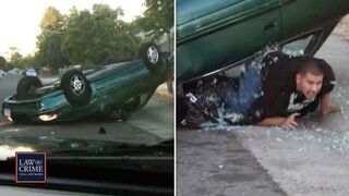 Suspect Flips Car Over, Breaks Through Window & Tries To Run During Police Chase!