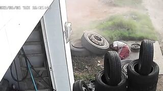 Tire Blows Up in Mechanics Face!