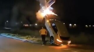 Drunk Driver's Car Catches on Fire After Driving it up a Street Sign!