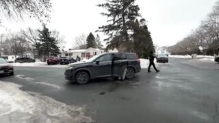 The cuffed woman tries to bolt and eats pavement HARD
