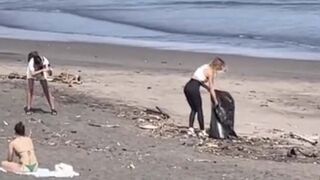 Girl Cleans Trash off the Beach for Social Media, Then Leaves it all there When Done.