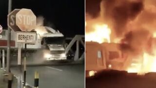 Truck Explodes After Getting Hit by Train.