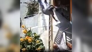 Jerk in Wheelchair Shakes Ladder with Man at the Top...Not Good