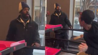 Employee at Dunkin' Donuts jumps the counter with a BAT and fights a customer