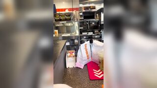 Employee at Dunkin' Donuts jumps the counter with a BAT and fights a customer