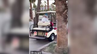 Drunk Old Florida Man Can't Pull his Golf Cart out of Bar Parking Lot..LOL