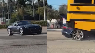 Jaguar crashes into Florida school bus, ends up wedged underneath