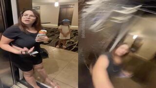 Drunk Karen Harasses Couple in Elevator and Throws Drink at Them, In Front of Her Kid.