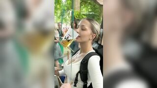 Blonde Drinking a Beer the hard Way gets It All Over her Boobs
