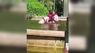Drunk Wife Losing her Bikini in Public Fountain, While the Husband Fights off 2 Men