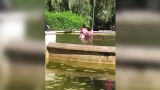 Drunk Wife Losing her Bikini in Public Fountain, While the Husband Fights off 2 Men