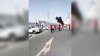 In Qatar, debris from a downed missile fell directly onto people who were running away from it.