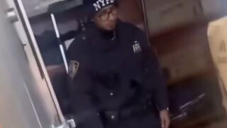 New Yorker store owner loses it after finding a Muslim police officer praying on a mat, blocking the way to the bathroom.