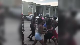 Fight breaking out at a Houston apartment complex when a woman, swinging a baseball bat, starts hitting a man