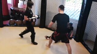 Blonde Training for MMA lands Spinning Head KO Kick on Guy Opponent