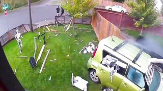 Worst Dad with Kids Crashes into Halloween House and Everyone Runs