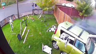 Worst Dad with Kids Crashes into Halloween House and Everyone Runs