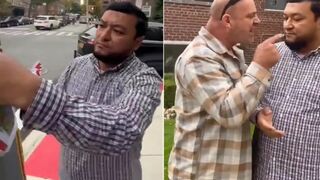 Pro-Hamas guy in NYC Rips Down a Missing Child Poster... New York Rough Neck Nearly Tears his Head Off.