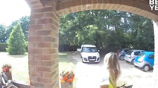 Amazon Delivery Girl is having a Bad Day....I tried not to Laugh but that Kick