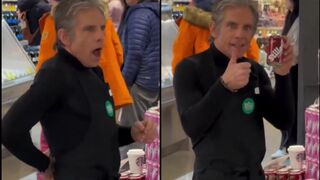 Ben Stiller tries promoting his soda brand in a grocery store while most customers co