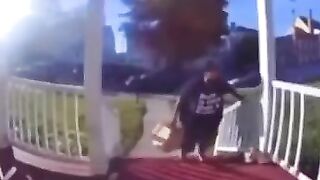 Obese Door Dash Delivery Woman Break Railing as She Struggles to Get up the Stairs.