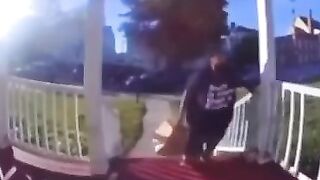 Obese Door Dash Delivery Woman Break Railing as She Struggles to Get up the Stairs.