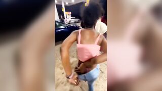 Brutal Girls Fight at Gas Station but a Guy gets Knocked Out from It All
