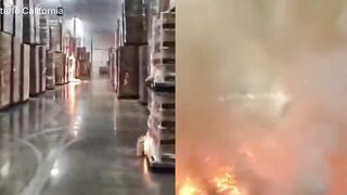 Americans are sick of everything! Chaos as an employee starts a massive fire inside a 1.2 million square foot warehouse filming himself on Instagram as he sets toilet paper packages ablaze