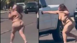Naked woman, clearly high out of her mind, runs across the street, body slams a truck
