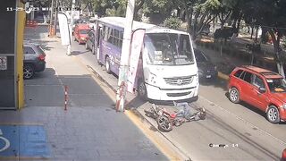 Motorcyclist Falls in Front of Bus...Takes his Time Getting out of the Way and he Finds Out