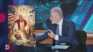 A concerned Jon Stewart spies a familiar face in Trump's now-infamous "Jesus" meme...