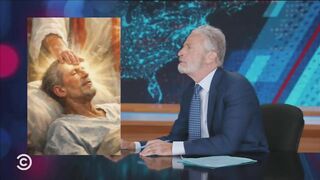 A concerned Jon Stewart spies a familiar face in Trump's now-infamous "Jesus" meme...