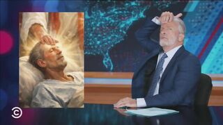 A concerned Jon Stewart spies a familiar face in Trump's now-infamous "Jesus" meme...