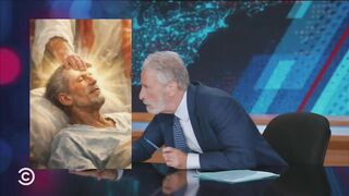 A concerned Jon Stewart spies a familiar face in Trump's now-infamous "Jesus" meme...