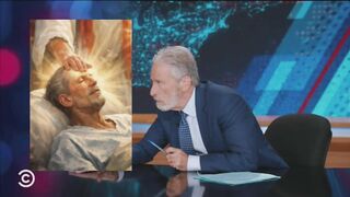 A concerned Jon Stewart spies a familiar face in Trump's now-infamous "Jesus" meme...