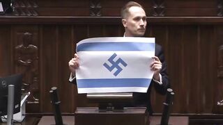 Polish MP displayed an Israeli flag where the Star of David was replaced with swastik
