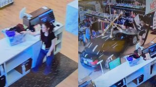 Wild video shows car narrowly missing shopper after ramming throughOklahoma City Stor