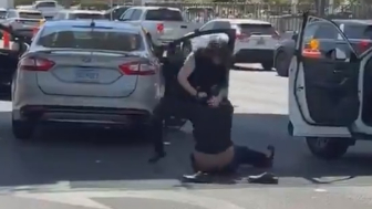 A man fought with a woman during a road rage incident on Las Vegas Boulevard