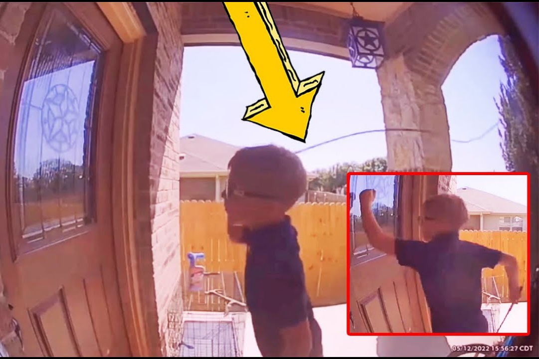 9-year-old boy aggressively cracking a whip against a neighbor's front door