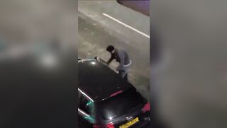 Maniac with Huge Knife Destroys Car outside Bar...then the Bouncers See Him